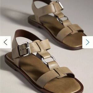 Anthropologie Beige Leather Buckle T-Strap Sandals